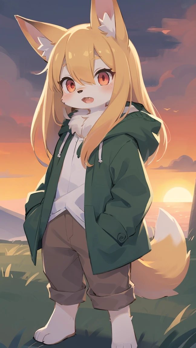 shota the fox, , was hairy, shaggy, skin fur, smooth lashes, golden fur, forelimb hands, straight long blonde hair, solid circle eyes, golden ears, golden fur, golden facial fur, shiny hair, red eyes, super cute face, 1fox tail, fluffy tail, furry tail, glowing eyes, green coat green hood down, brown trousers, standing, open mouth, ambient light, ultra-fine fur, dashed eyes, full body, masterpiece, high quality, high-details, best quality, wide short, (((solo))), twilight, sun light, red sky, rim light