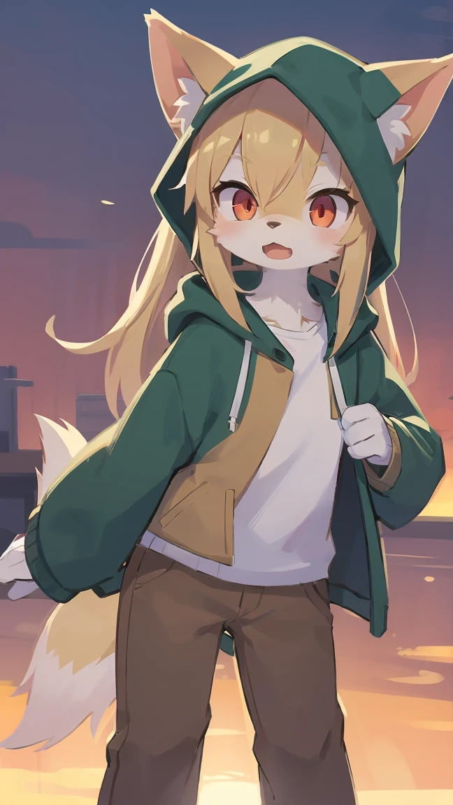 shota the fox, , was hairy, shaggy, skin fur, smooth lashes, golden fur, forelimb hands, straight long blonde hair, solid circle eyes, golden ears, golden fur, golden facial fur, shiny hair, red eyes, super cute face, 1fox tail, fluffy tail, furry tail, glowing eyes, green coat green hood down, brown trousers, standing, open mouth, ambient light, ultra-fine fur, dashed eyes, full body, masterpiece, high quality, high-details, best quality, wide short, (((solo))), twilight, sun light, red sky, rim light