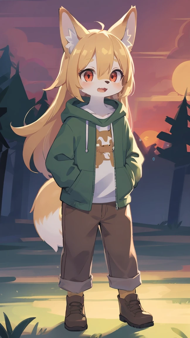 shota the fox, , was hairy, shaggy, skin fur, smooth lashes, golden fur, forelimb hands, straight long blonde hair, solid circle eyes, golden ears, golden fur, golden facial fur, shiny hair, red eyes, super cute face, 1fox tail, fluffy tail, furry tail, glowing eyes, green coat green hood down, brown trousers, standing, open mouth, ambient light, ultra-fine fur, dashed eyes, full body, masterpiece, high quality, high-details, best quality, wide short, (((solo))), twilight, sun light, red sky, rim light