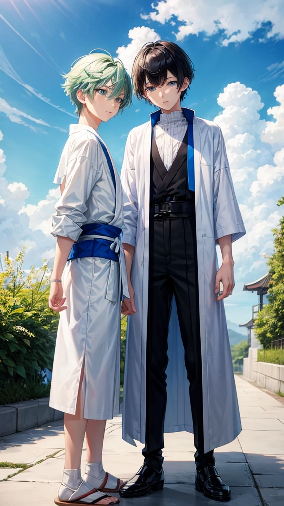 Young Ren and young Minato、Scene of standing on white clouds in a blue sky。

Behind them is blue々The clear sky background spreads out.。

Len has short hair and green eyes.、Wearing casual adventure clothing。

Minato has short black hair and blue eyes.、Wearing a white robe。