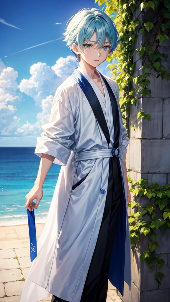 Young Ren and young Minato、Scene of standing on white clouds in a blue sky。

Behind them is blue々The clear sky background spreads out.。

Len has short hair and green eyes.、Wearing casual adventure clothing。

Minato has short black hair and blue eyes.、Wearing a white robe。