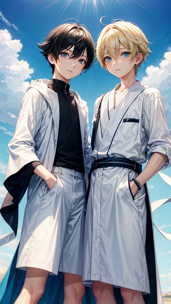 Young Ren and young Minato、Scene of standing on white clouds in a blue sky。
Behind them is blue々The clear sky background spreads out.。
Len has short hair and green eyes.、Wearing casual adventure clothing。
Minato has short black hair and blue eyes.、Wearing a white robe。