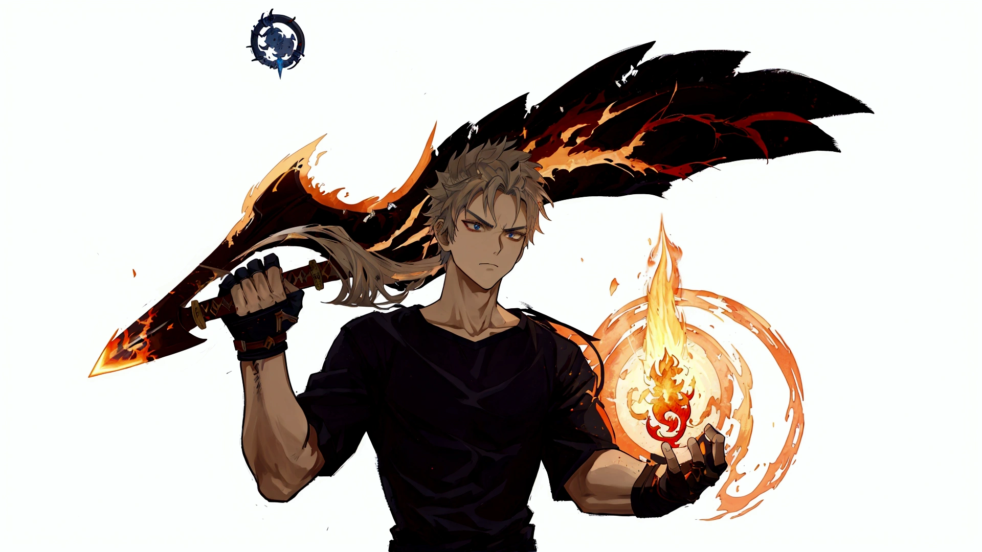 anime character with a sword and flame in his hand, human and dragon fusion, epic anime style, wielding a flaming sword, Like a badass monster hunter, wielding a fireball, holding a flaming sword, wielding kunai, inspirado em Sakai Hōitsu, dramatic sword-wielding pose, fire!! whole body, anime style character, with big sword
