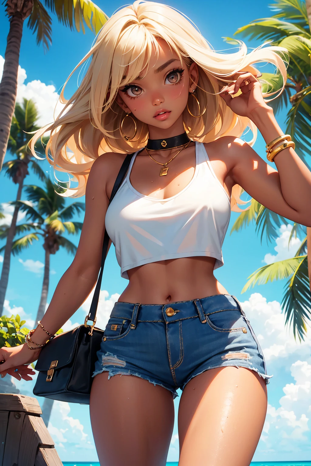 age girl-model 18 years old, beautiful, tanned, blonde, bob hair, bangs, brown eyes, beautiful figure, girl wearing crop shirt and too short mini shorts, beautiful long legs, slave bracelets, slave choker, manicure, cute makeup, sweaty clothes with sweaty armpits, flirtatiously posing, hot summer, hot flirty, sexy posing, summer outfit, top quality, higest quality, pin-up style, retro 80s style, Daisy Dukes style, Miami vibes,