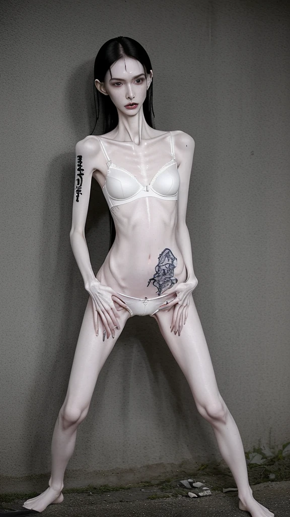 a woman, very thin body, body visible bones, very slender, pale white skin, sweaty wet body, panties, bra,tatto, full body, has a mental breakdown in an underground prison.
