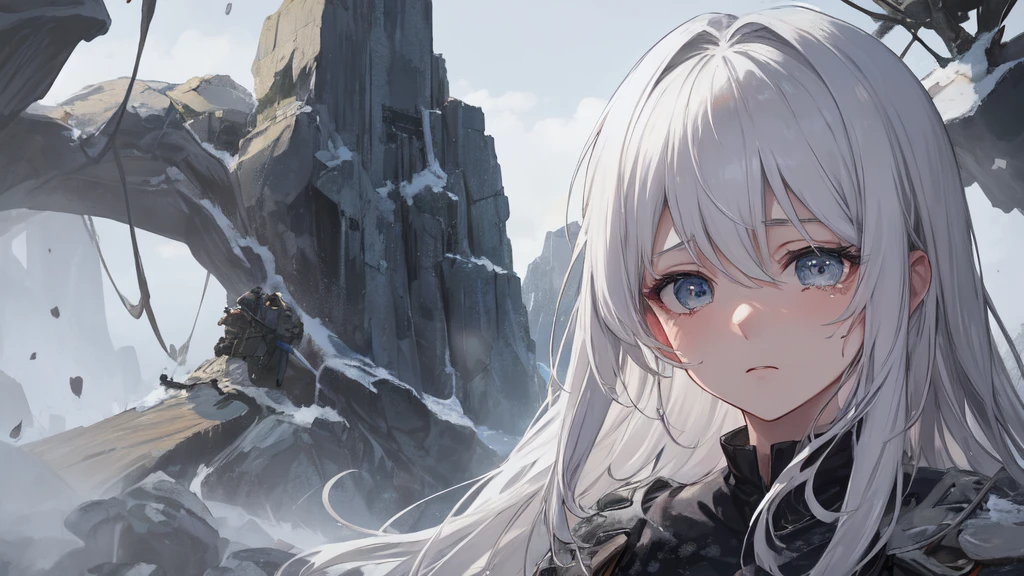 masterpiece:1.2), best quality , 独奏 ,pixiv, anime girl ，long straight white hair , black eyes ,Wearing off-white camouflage uniform ,ten years old，modern battlefield，(Eyes looking into the distance:1.3)，(look away:1.5)，snowy weather，dirty face，blood on forehead，dirty face，Backlight，Bare rocky peaks ,，The expression is sad，leave tears，When the war situation seems to be developing for the better,，A girl wakes up from her deep sleep，She doesn&#39;t understand her own life、Not sure about the power in the body，As pure as white paper。At the same time, another soul is sleeping inside the girl&#39;s body.，it was an accident，It is also one of the waves that changes the world。