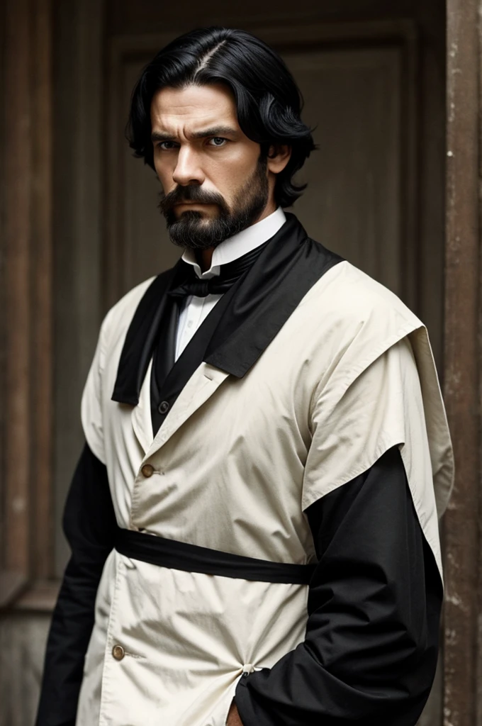 White man with shoulder-length black hair, with a serious face and clothes from the 1890s