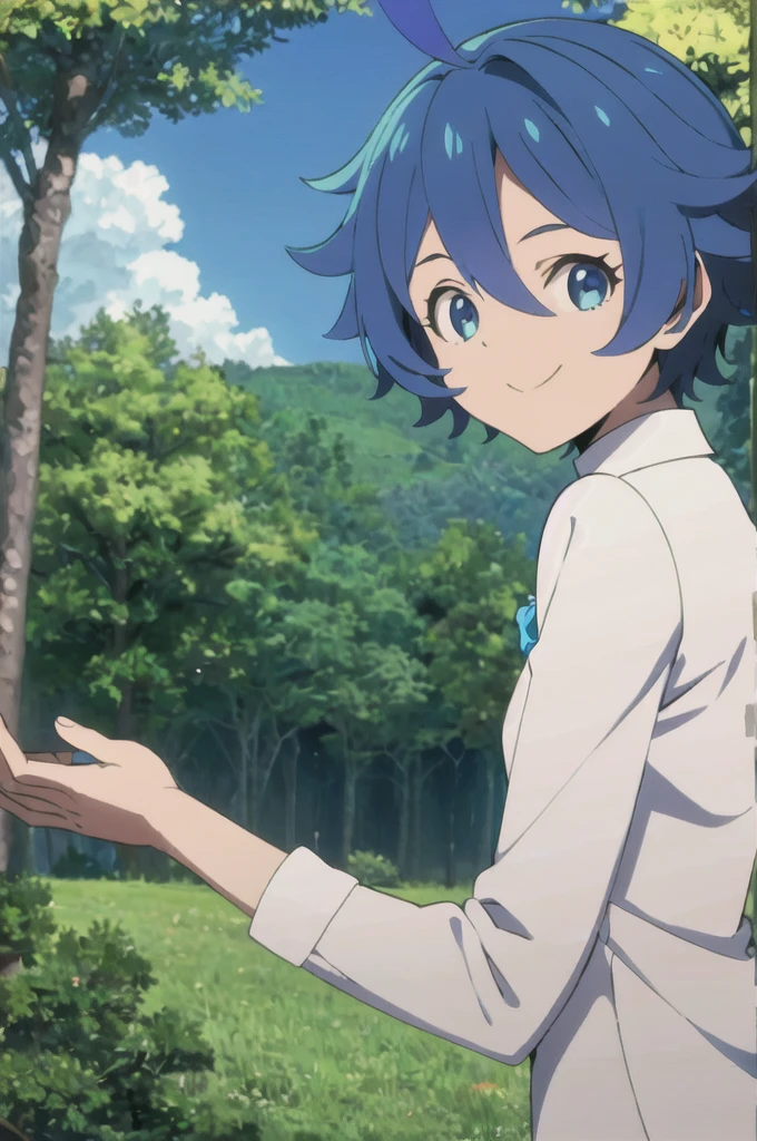 Lapislazuli, neverland, 1girl, solo, upper body, nature, forest, bush, tree, looking at viewer, smiling, short hair, shirt, long sleeves, blue eyes, white shirt, upper body, ahoge, outdoors, collared shirt, blue hair, 