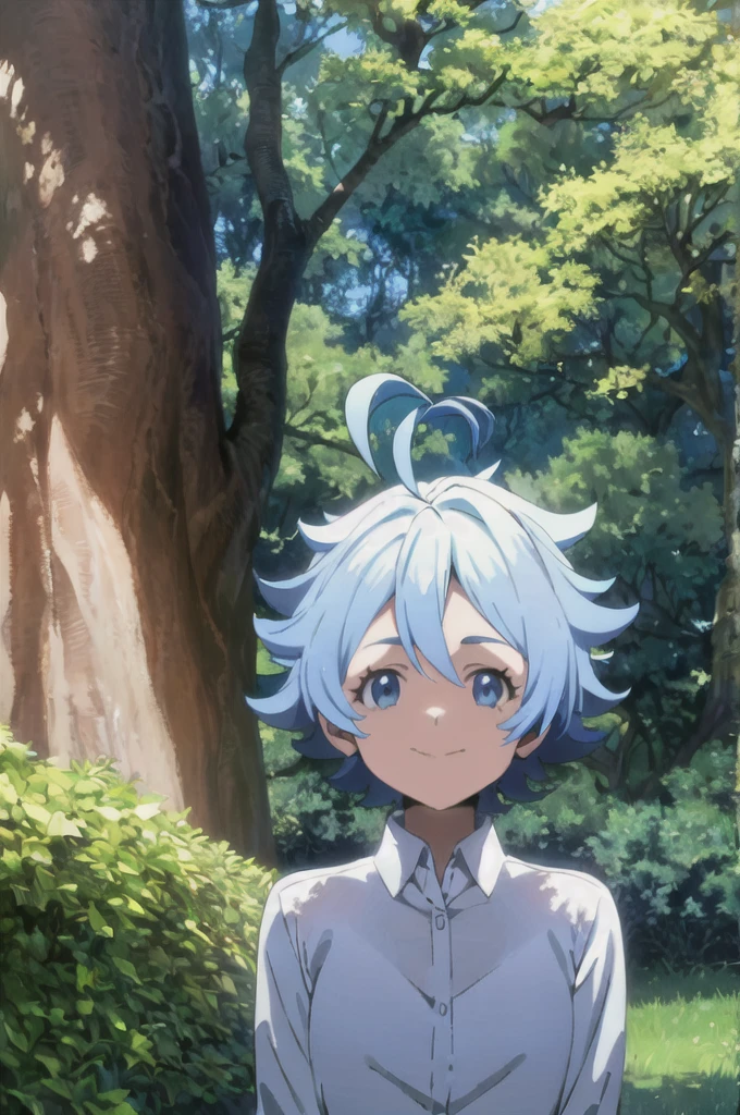 Lapislazuli, neverland, 1girl, solo, upper body, nature, forest, bush, tree, looking at viewer, smiling, short hair, shirt, long sleeves, blue eyes, white shirt, upper body, ahoge, outdoors, collared shirt, blue hair, 