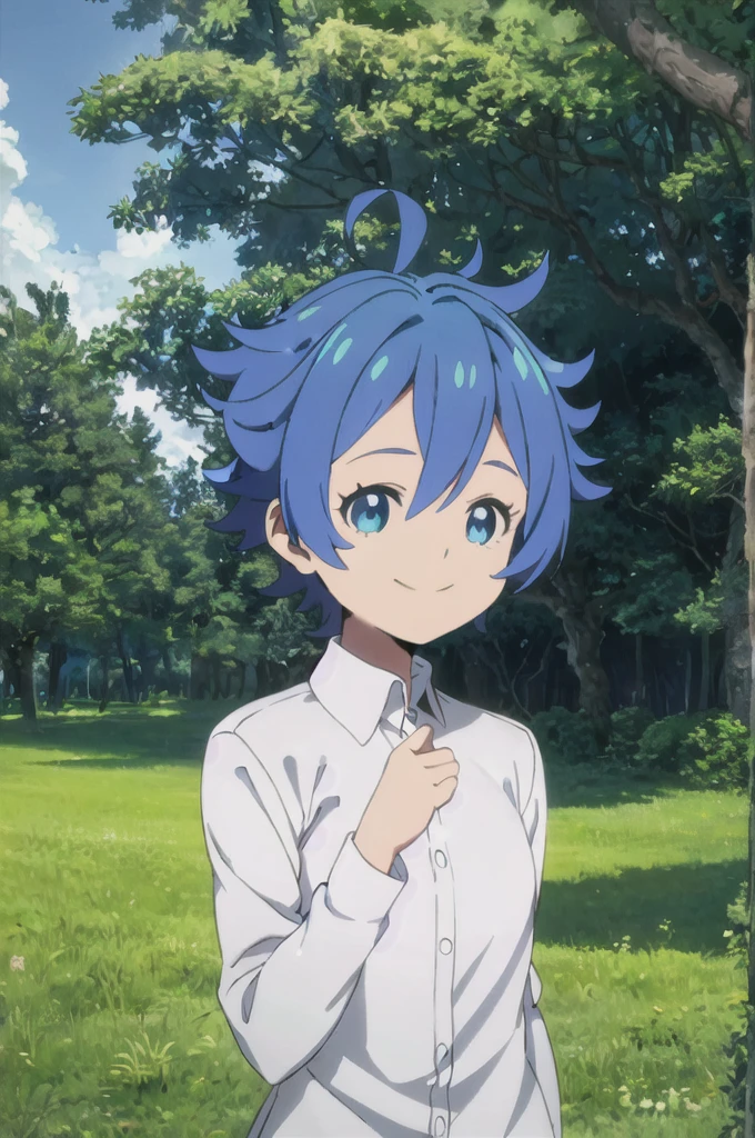 Lapislazuli, neverland, 1girl, solo, upper body, nature, forest, bush, tree, looking at viewer, smiling, short hair, shirt, long sleeves, blue eyes, white shirt, upper body, ahoge, outdoors, collared shirt, blue hair, 