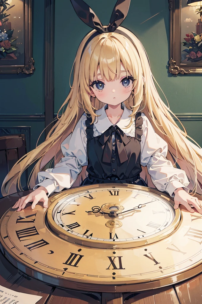 (8K, best quality, On the table:1.2)、Ultra-high resolution、A -yeld gi Delicate face、Black eyes, Blonde, Long hair, Alice in Wonderland, Rabbit with clock