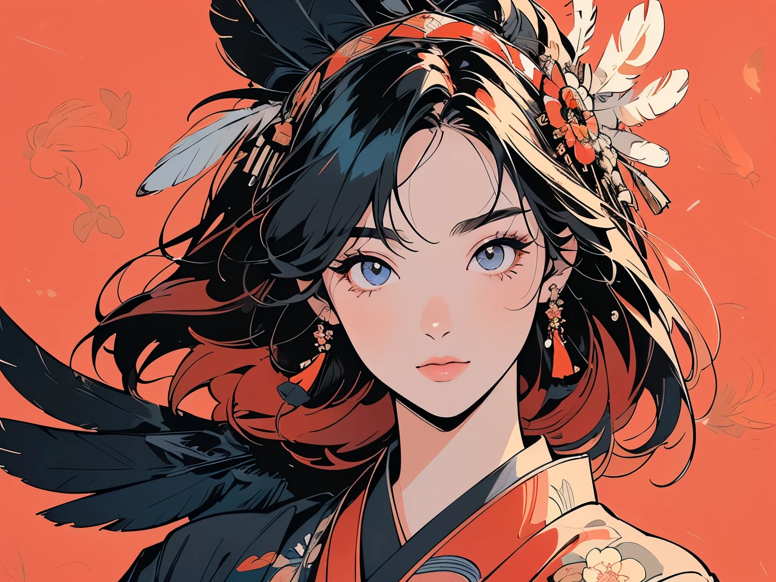 kimono, 完璧なkimono, 詳細なkimono, first-class, Super detailed,(((Super detailedな装飾))),One Woman, Perfect Face, Faint lighting, (((head shot))), Super detailedな髪、(((Sparkling Eyes))),mysterious, The wind is blowing, Panorama, Long Shot,  (((Narrow-eyed beauty))),(((Indian feather headdress))),Upper Body,Detailed face、(((Best quality face)))、(((Large feather ornament))),(((Black crow feather)))、(((Japanese pattern background)))、(((pale red hair))),Top quality feathers、Super detailedな羽、Mr.々Angle、Mr.々Hairstyle