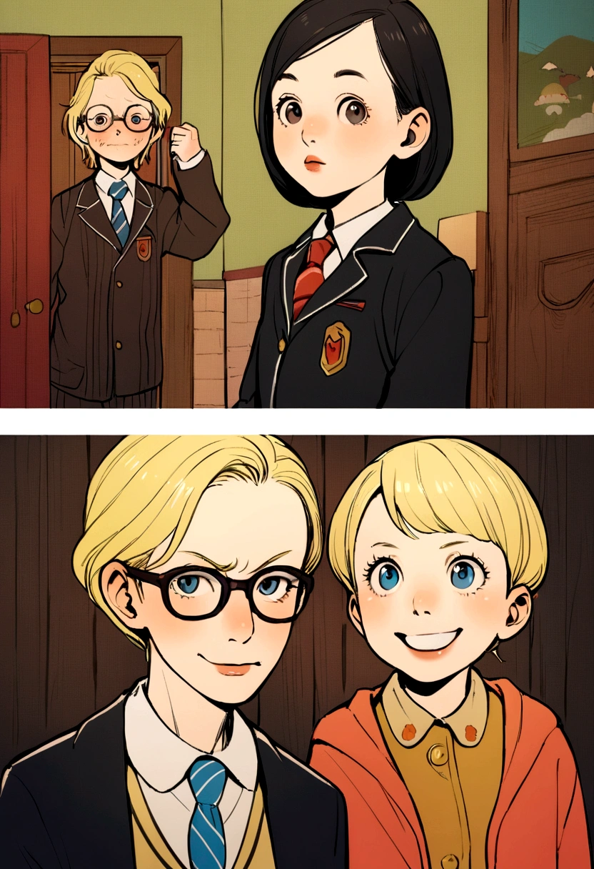 In a whimsical attic by Wes Anderson, two smart and lively English girls, 11 and 10 years old, one of them has blonde hair, the other has black hair and glasses. , are ready to go to school, I&#39;m in a bad mood, one of them is angry, the other smiles 