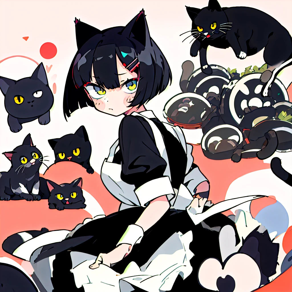 masterpiece、Highest quality、One Girl、Black Hair、Cat ear、Bob Hair、Maid clothes、Become round