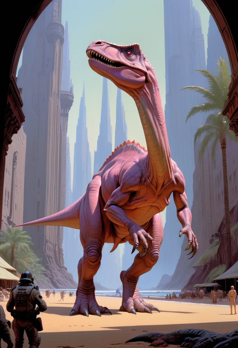 Pink Dinosaur, by Ralph McQuarrie, dynamic, best quality, masterpiece, very aesthetic, perfect composition, intricate details, ultra-detailed