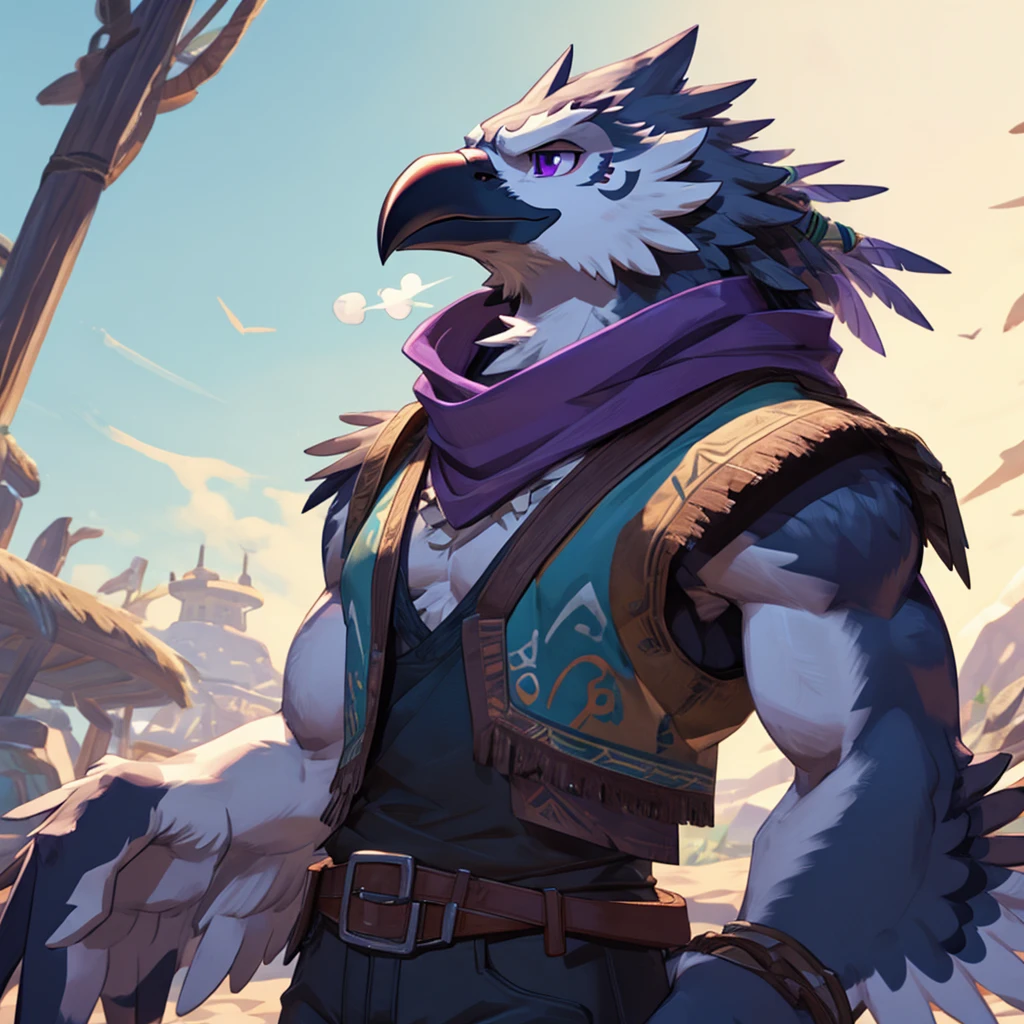 A Male Muscular Anthropomorphic Crow Rito From Legend of Zelda Breath of The Wild Has A Calm, But Serious Face Expression And Has Black Feathers, Purple Eyes, Large Winged Arms And Hands While He Was Wearing A Jacket Vest With A White Tank-Top Underneath, Purple Scarf, A Pair of Black Jeans
