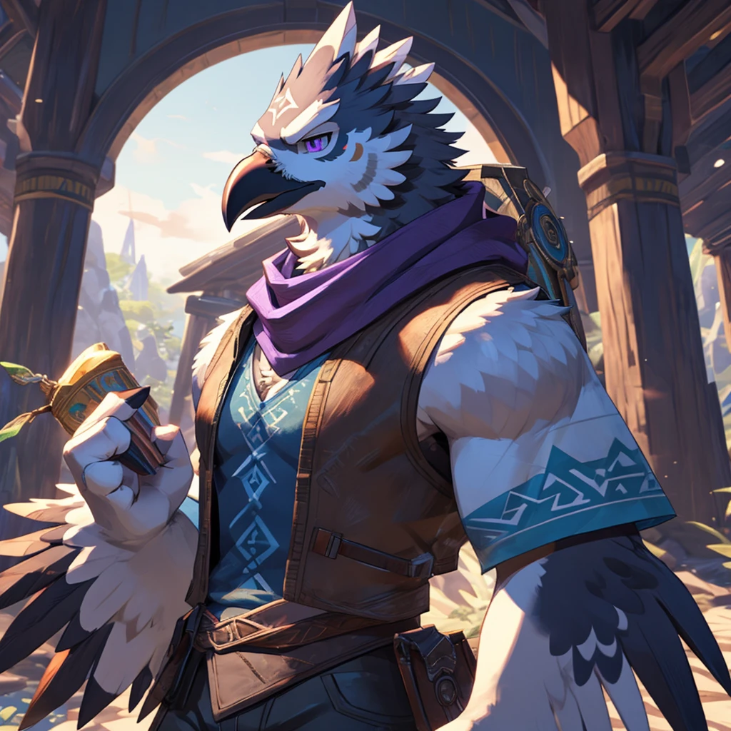 A Male Muscular Anthropomorphic Crow Rito From Legend of Zelda Breath of The Wild Has A Calm, But Serious Face Expression And Has Black Feathers, Purple Eyes, Large Winged Arms And Hands While He Was Wearing A Jacket Vest With A White Tank-Top Underneath, Purple Scarf, A Pair of Black Jeans