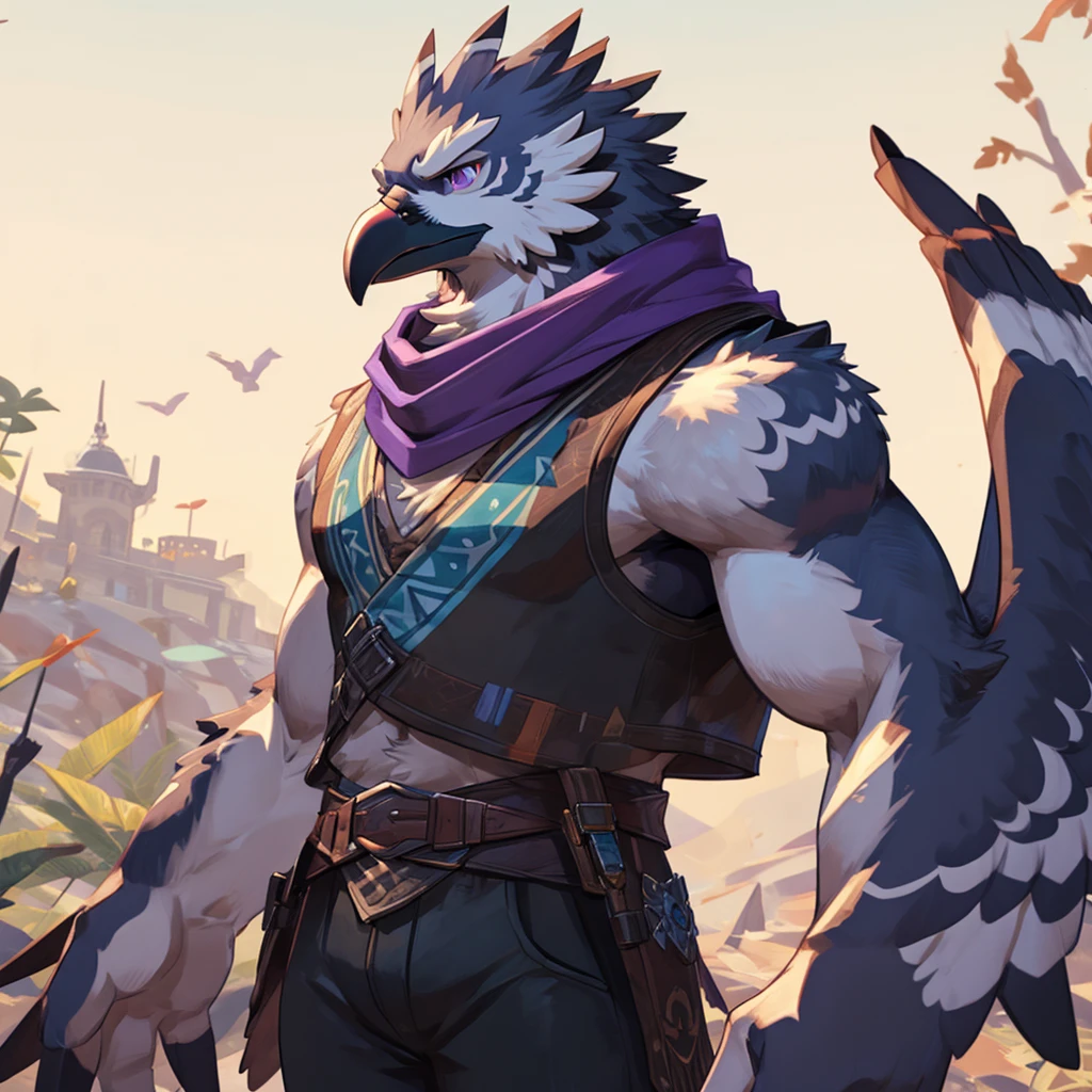 A Male Muscular Anthropomorphic Crow Rito From Legend of Zelda Breath of The Wild Has A Calm, But Serious Face Expression And Has Black Feathers, Purple Eyes, Large Winged Arms And Hands While He Was Wearing A Jacket Vest With A White Tank-Top Underneath, Purple Scarf, A Pair of Black Jeans