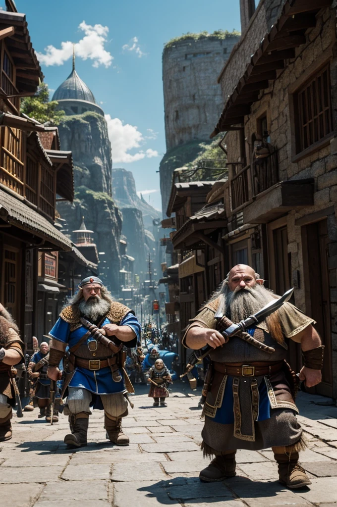 Dwarves with weapons walkpass the city