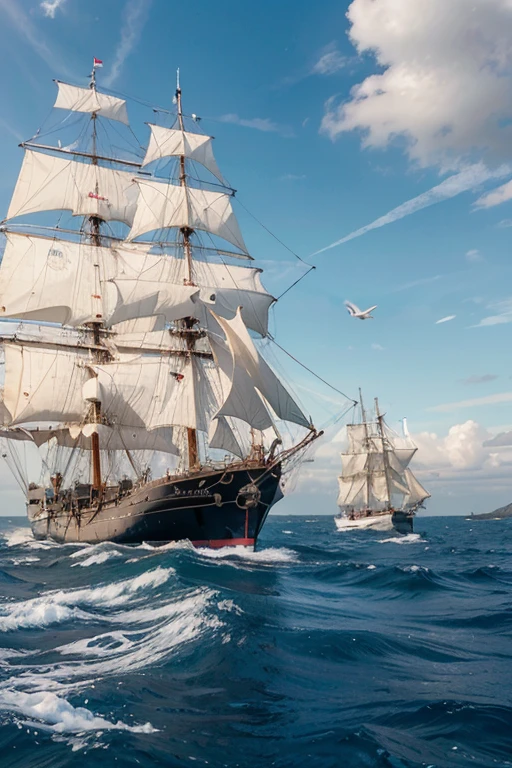 The open sea. There are waves of medium height with frothy crests on the sea. Three-masted warships sail one after the other in the long-term wake column. Each ship has three masts. The masts have transverse yards from bottom to top with white sails stretched over them. The wind fills the sails. The sails on the yards face the convex side along the course of the ships. On the bow of each ship there is a bowsprit - a wooden yard directed along the course of the ships. On the bowsprit of each ship, three slanting white sails are stretched on rope rigging. Square ports are open from top to bottom on the visible sides of each ship. The covers of the open square ports are lifted up. Round barrels of cast-iron cannons are visible in the open square ports. St. Andrew's flags are fixed and fluttering on the tops of the masts of each ship. St. Andrew's flags are square in white with blue intersecting stripes. From the sides visible to us, the ships are firing all guns. White powder smoke billows over the sea. White seagulls are flying over the ships. The ships are illuminated by the sun.