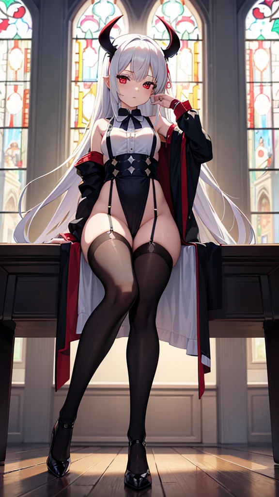 Masterpiece, top quality, best quality, official art, beautiful and aesthetic, anime, 1girl,extremely detailed, colorful, more detailed ((ultra-detailed)), (highly detailed CG illustration),Best Quality, High resolution, Unity 8k Wallpaper, (Illustration:0.8),extra detailed face, Perfect Lighting, extremely details CG, (Perfect hands, Perfect Anatomy), church, benches, icons, candles, dark light, crosses, 1girl, 30 years,long white hair,big red eyes, devil horns,long robe,small breast,skinny fit, small ass,long legs,stockings,stocking suspenders,thighs,heels,in middle,looking in camera,sitting in bench, cross legs, from below.