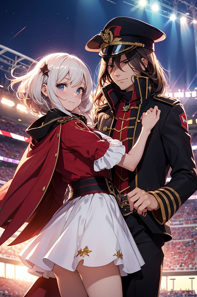 Captain Harlock dances a waltz with miime in a UEFA 2024 stadium at the sunrise