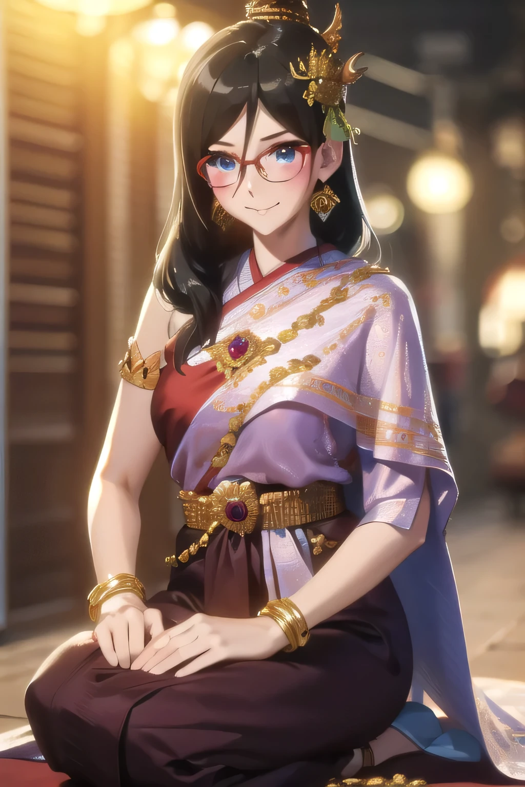 คุณภาพดีatสุด, Masterpiece, high res, alone, {Thanaka_Asuka_euphonium sound:1.15}   black_hair, long_hair, glasses, light blue_eyes, Blush, red frame_glasses, Seraph, beyond the edge_glasses, semi borderless_glasses, hair_between_eyes, 1 girl,  look_at_viewer, smile,  ((Thai princess:1.3)),(Gorgeous thai costumes with รายละเอียดatซับซ้อน,ชุดatงดงาม,เครื่องประดับทองคำatงดงาม, รายละเอียดatซับซ้อน,luxury jewelry accessories,ขอบatงดงาม, รายละเอียดatซับซ้อน,Various gems:1.2),((Thai Buddhist Temple))