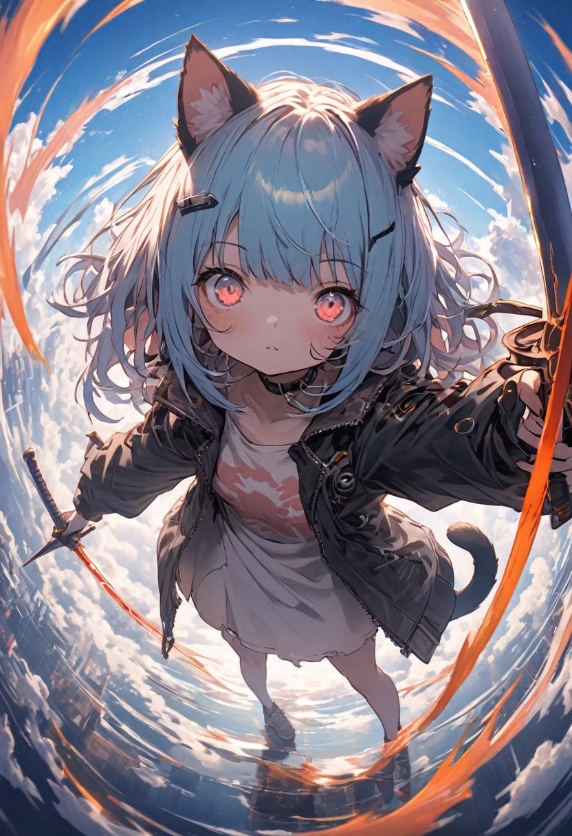 Detailed silhouette of a cyberpunk girl with cat ears and a tail, Flowing, Tattered coat, He has a giant sword with a mechanical cat design on it., Stand on the glossy, Minimalist Reflective Surface, Soft Blue Background, Fisheye Lens:1.1, depth,  The tip of the sword is pointed towards me.