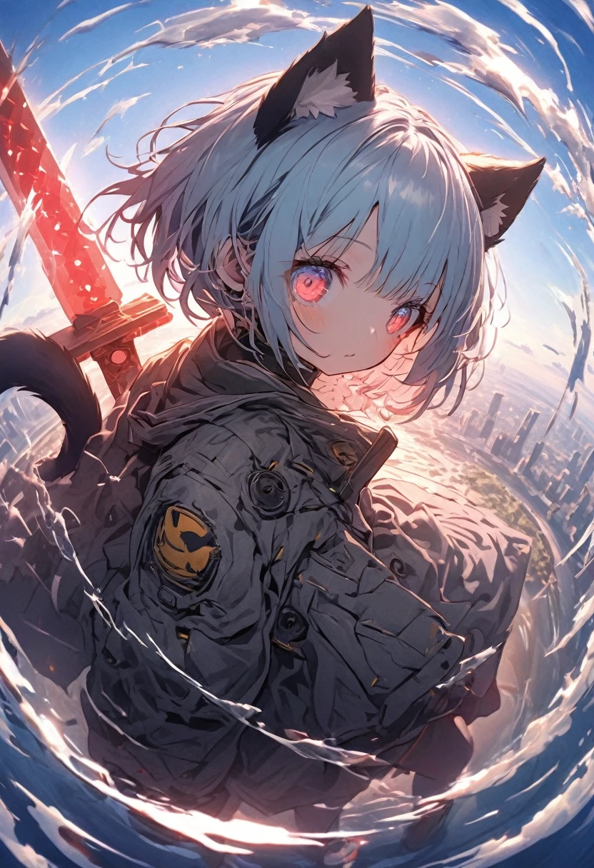 Detailed silhouette of a cyberpunk girl with cat ears and a tail, Flowing, Tattered coat, He has a giant sword with a mechanical cat design on it., Stand on the glossy, Minimalist Reflective Surface, Soft Blue Background, Fisheye Lens:1.1, depth, The tip of the sword is pointed towards me.