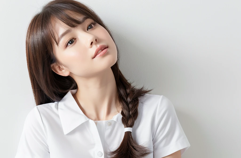 (highest quality、table top、8k、best image quality、Award-winning work)、one cute high school girl、(solo:1.15)、straight medium hair、perfect bangs、(Perfect short sleeve polyester shirt:1.1)、(uniform ribbon on chest:1.2)、(The simplest pure white background:1.5)、(Perfectly fixed to the front:1.3)、(very big breasts:1.4)、(emphasize body line:1.4)、close up of face、(Perfect frontal and horizontal portrait of a woman with adequate white space:1.3)、(Depicting a woman perfectly horizontally and frontally:1.3)、beautiful and detailed eyes、look at me and smile、(Upright photo from the chest up:1.3)、(Please turn and look straight at me:1.3)、elegant makeup、Ultra high definition beauty face、ultra high definition hair、Super high-definition sparkling eyes、Super high resolution glossy lips、accurate anatomy、very beautiful skin、(Super high-definition sparkling pure white skin:1.2)、Graceful upright posture seen from the front、(very bright:1.3)