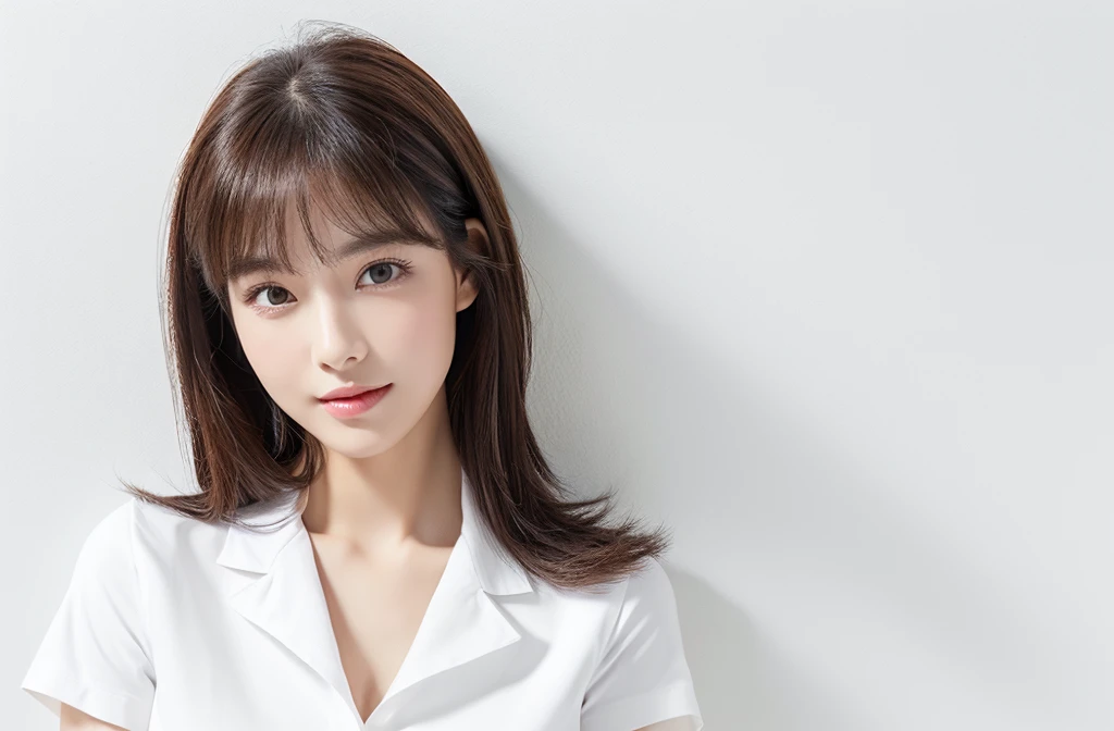 (highest quality、table top、8k、best image quality、Award-winning work)、one cute high school girl、(solo:1.15)、straight medium hair、perfect bangs、(Perfect short sleeve polyester shirt:1.1)、(uniform ribbon on chest:1.2)、(The simplest pure white background:1.5)、(Perfectly fixed to the front:1.3)、(very big breasts:1.4)、(emphasize body line:1.4)、close up of face、(Perfect frontal and horizontal portrait of a woman with adequate white space:1.3)、(Depicting a woman perfectly horizontally and frontally:1.3)、beautiful and detailed eyes、look at me and smile、(Upright photo from the chest up:1.3)、(Please turn and look straight at me:1.3)、elegant makeup、Ultra high definition beauty face、ultra high definition hair、Super high-definition sparkling eyes、Super high resolution glossy lips、accurate anatomy、very beautiful skin、(Super high-definition sparkling pure white skin:1.2)、Graceful upright posture seen from the front、(very bright:1.3)