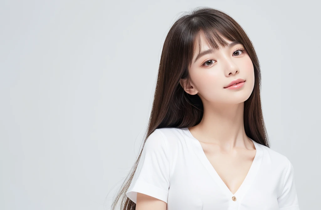 (highest quality、table top、8k、best image quality、Award-winning work)、one cute high school girl、(solo:1.15)、straight medium hair、perfect bangs、(Perfect short sleeve polyester shirt:1.1)、(uniform ribbon on chest:1.2)、(The simplest pure white background:1.5)、(Perfectly fixed to the front:1.3)、(very big breasts:1.4)、(emphasize body line:1.4)、close up of face、(Perfect frontal and horizontal portrait of a woman with adequate white space:1.3)、(Depicting a woman perfectly horizontally and frontally:1.3)、beautiful and detailed eyes、look at me and smile、(Upright photo from the chest up:1.3)、(Please turn and look straight at me:1.3)、elegant makeup、Ultra high definition beauty face、ultra high definition hair、Super high-definition sparkling eyes、Super high resolution glossy lips、accurate anatomy、very beautiful skin、(Super high-definition sparkling pure white skin:1.2)、Graceful upright posture seen from the front、(very bright:1.3)