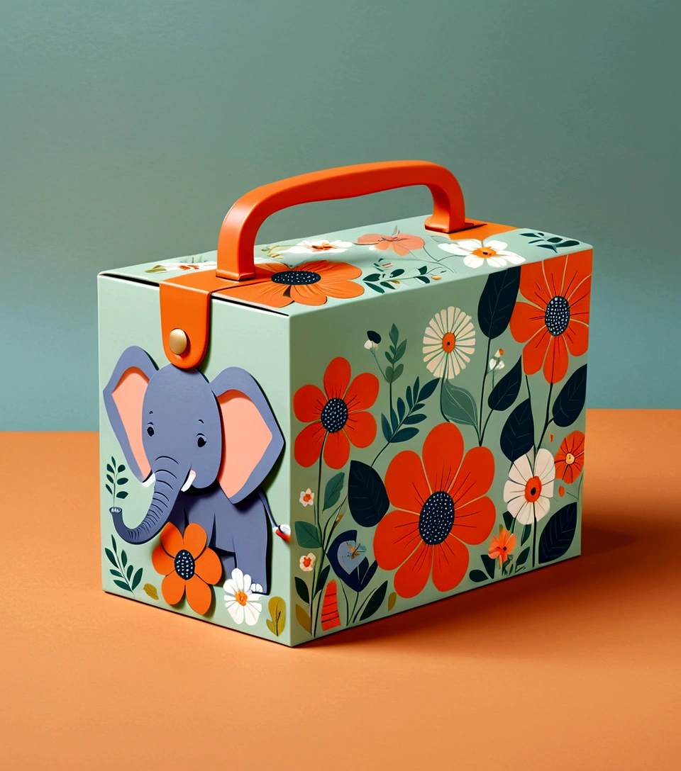 Beautifully designed flat rectangular box with handle, with carrying handle, English squares, flourishing flowers, printing a cute little elephant, geometric lines, minimalist, modern, high end, cute, color blocking, floral motifs, orange and green, illustration, cartoon, geometric style, beautifully detailed, flat color vector design style,...