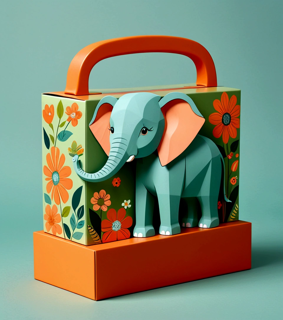 Beautifully designed flat rectangular box with handle, with carrying handle, English squares, flourishing flowers, printing a cute little elephant, geometric lines, minimalist, modern, high end, cute, color blocking, floral motifs, orange and green, illustration, cartoon, geometric style, beautifully detailed, flat color vector design style,...