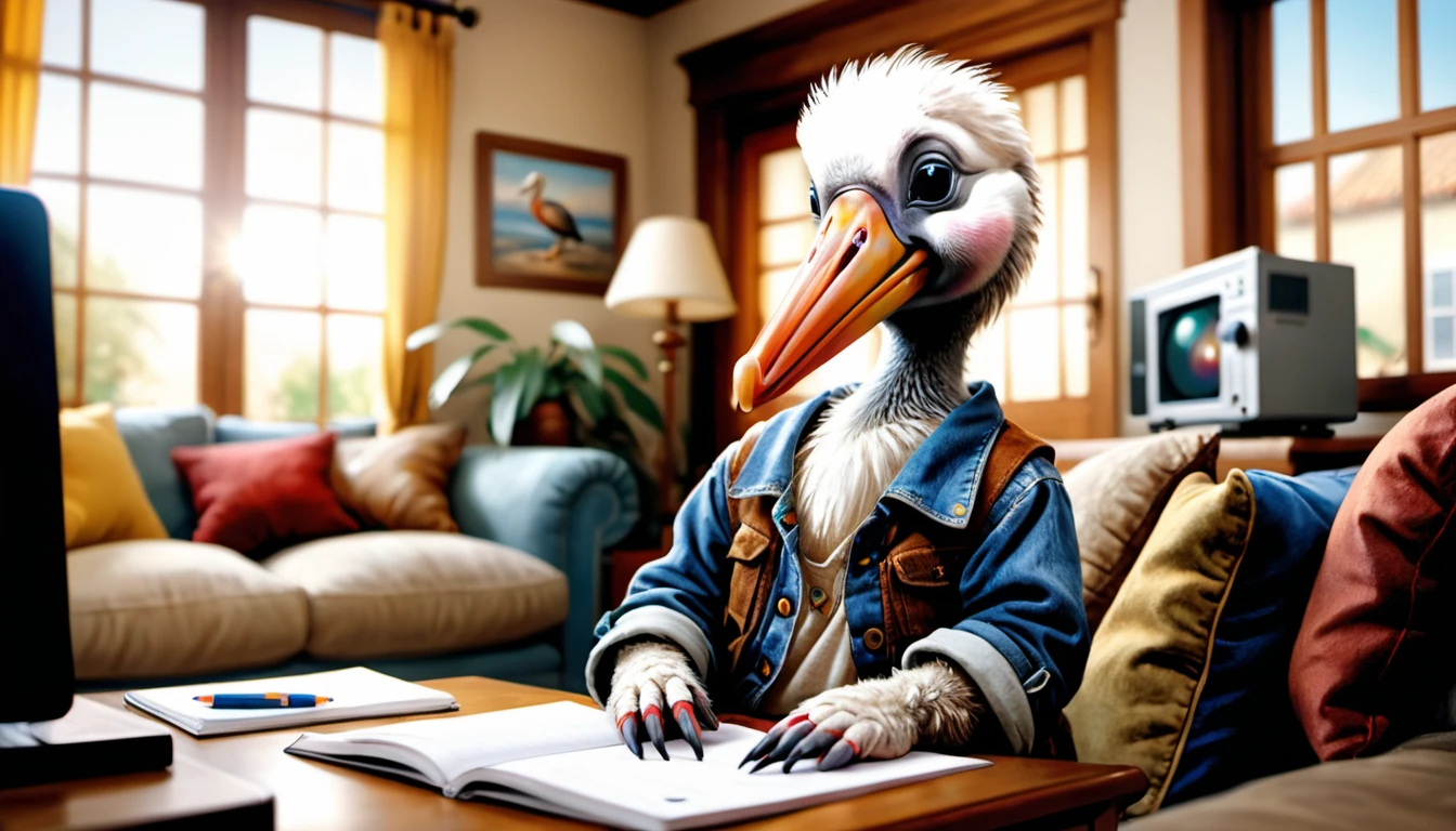 (photo film style), anthropomorphic, cute baby pelican, casual clothes, living room at home, (((studying))), 2D, colorful, warm atmosphere, glossy, Jean-Baptiste Monge style, Alan Lee style