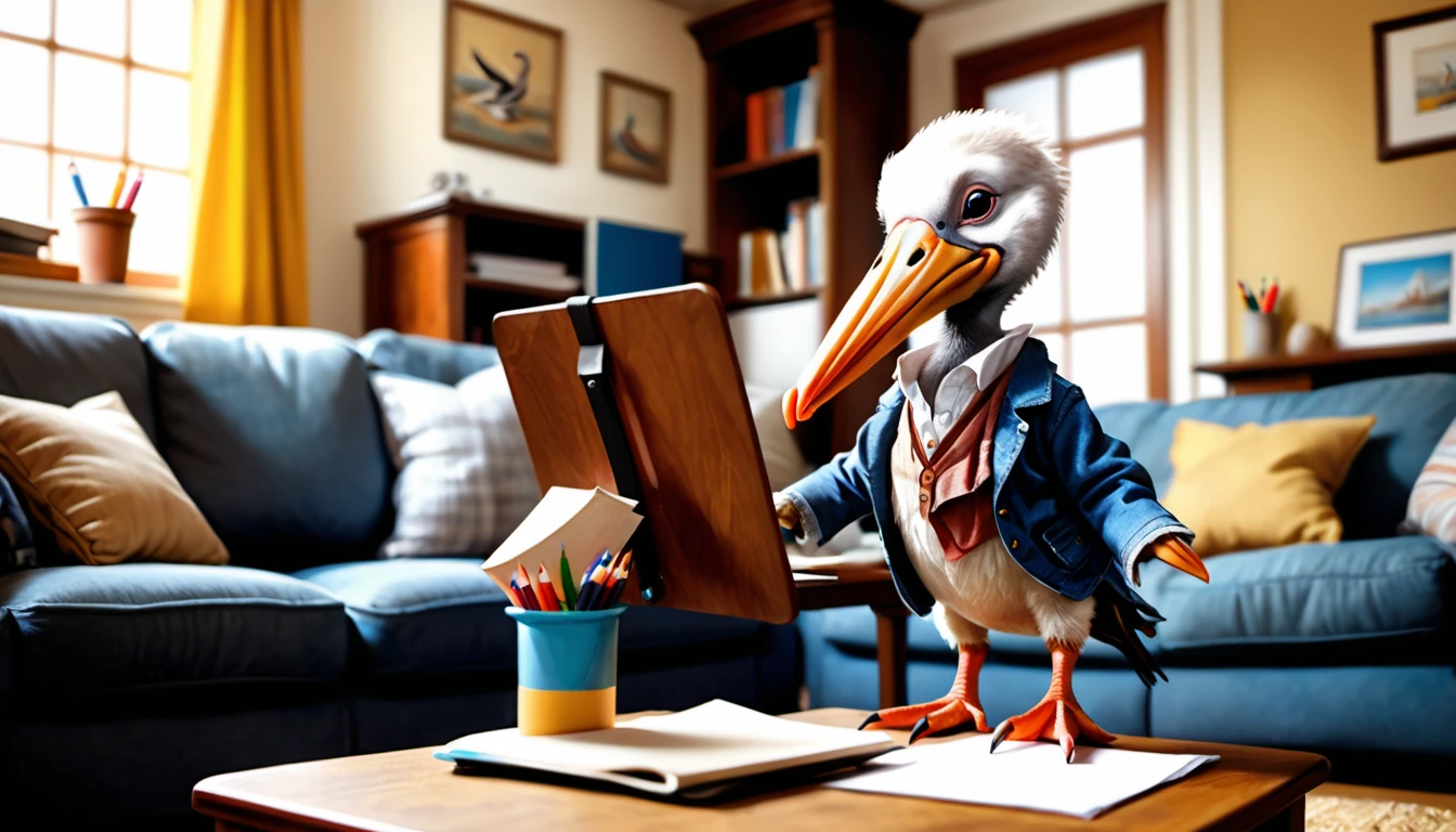 (photo film style), anthropomorphic, cute baby pelican, casual clothes, living room at home, (((studying))), 2D, colorful, warm atmosphere, glossy, Jean-Baptiste Monge style, Alan Lee style