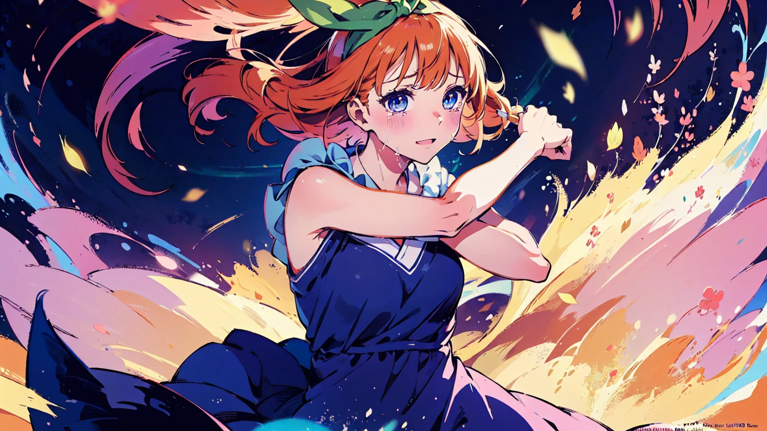 Yotsuba Nakano, short orange hair, green ribbon,, 4k, extremely fine illustration, cowboy shot, tears,, sfw, crying, dynamic pose, interesting pose, expressive face, silky pretty dress,flowing dress, wind, extremely fine and beautiful, super fine illustration, top-quality、Official art、Beautifully Aesthetic:、vivid colours、colourful, HD Detail, Ultra Detail, soft Light, magical photography, intricate details, , sfw, , indigo eyes, masterpiece, 4k, ultradetailed,