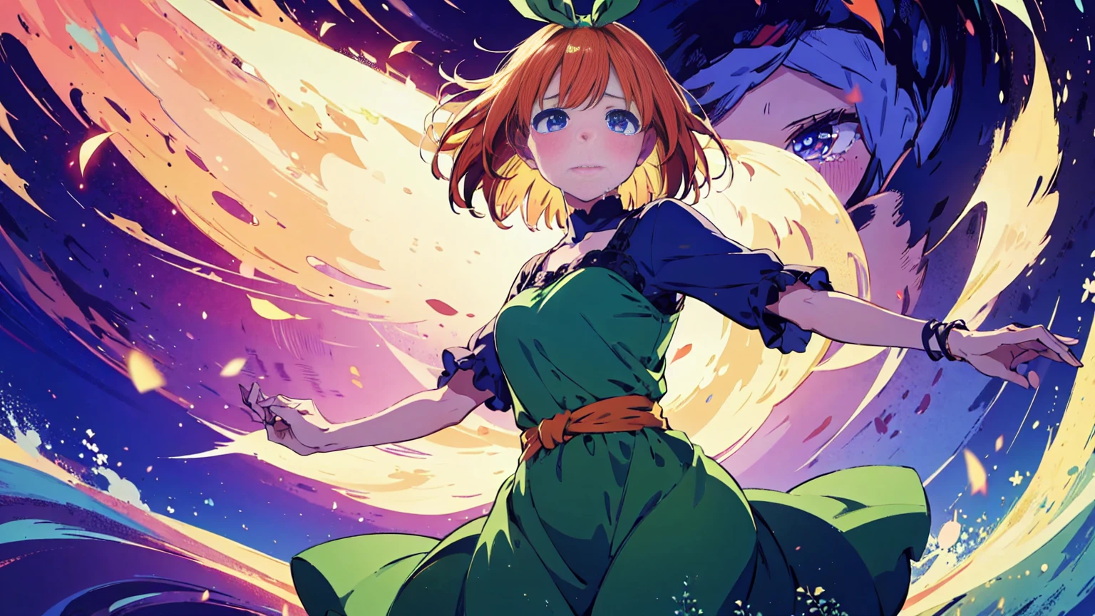 Yotsuba Nakano, short orange hair, green ribbon,, 4k, extremely fine illustration, cowboy shot, tears,, sfw, crying, dynamic pose, interesting pose, expressive face, silky pretty dress,flowing dress, wind, extremely fine and beautiful, super fine illustration, top-quality、Official art、Beautifully Aesthetic:、vivid colours、colourful, HD Detail, Ultra Detail, soft Light, magical photography, intricate details, , sfw, , indigo eyes, masterpiece, 4k, ultradetailed,