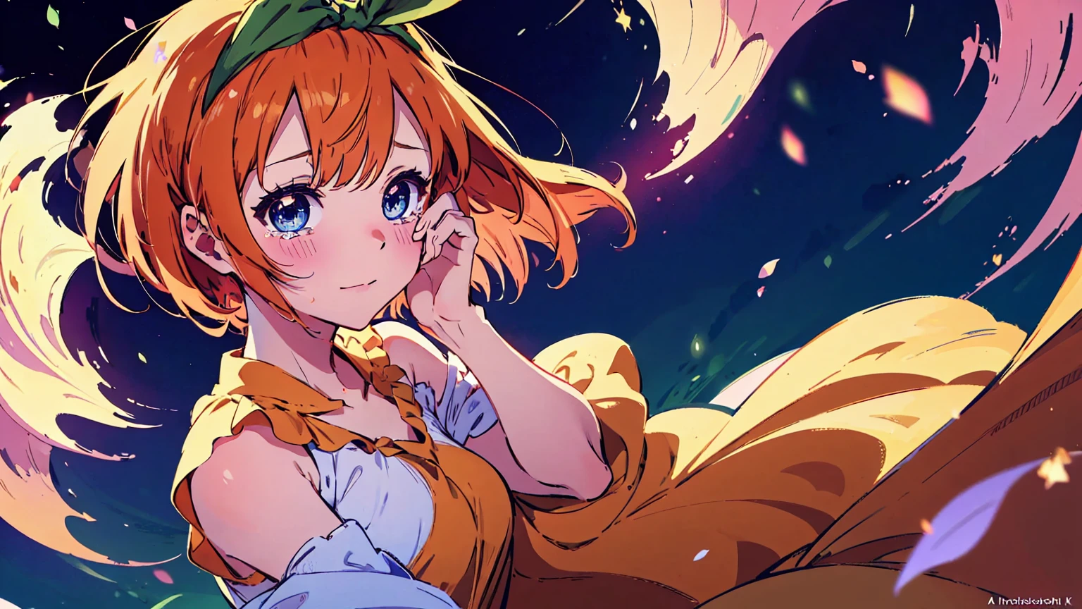 Yotsuba Nakano, short orange hair, green ribbon,, 4k, extremely fine illustration, cowboy shot, tears,, sfw, crying, dynamic pose, interesting pose, expressive face, silky pretty dress,flowing dress, wind, extremely fine and beautiful, super fine illustration, top-quality、Official art、Beautifully Aesthetic:、vivid colours、colourful, HD Detail, Ultra Detail, soft Light, magical photography, intricate details, , sfw, , indigo eyes, masterpiece, 4k, ultradetailed,