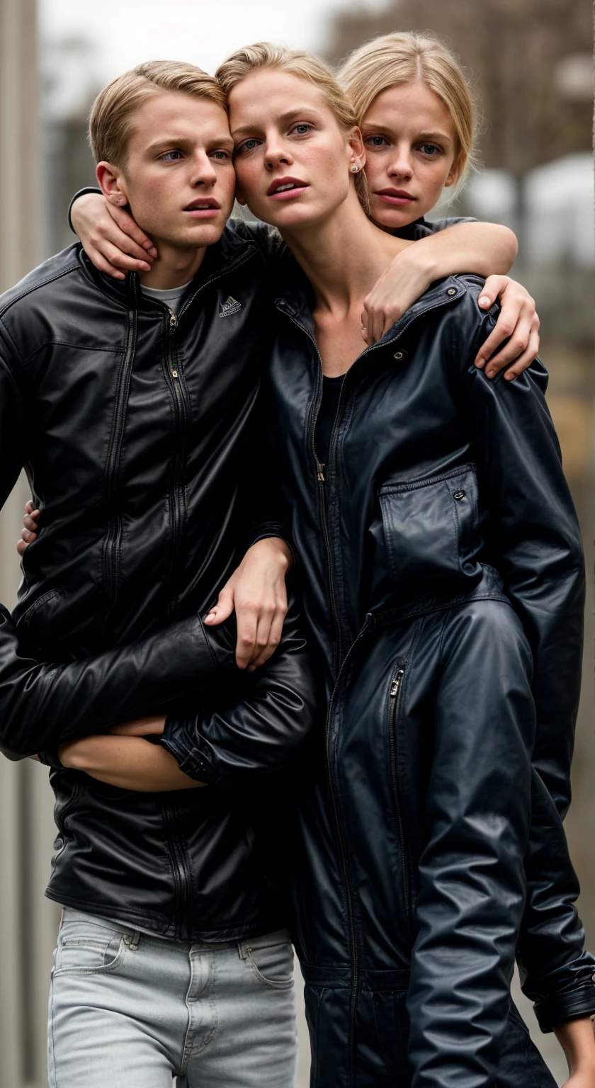 there is a kissing couple standing in front of a store hugging and stroking each other, there is a young girl in a very shiny black laquered coat putting her arm around his neck, over his shoulder, erotic scene, kissing love, kissing in public, blurred detail, very details, candid shot, with his back turned, looking her shoulder, hugging, high details!, hug, couple, holding close, kiss, very close shot, photo still of behind view, touching