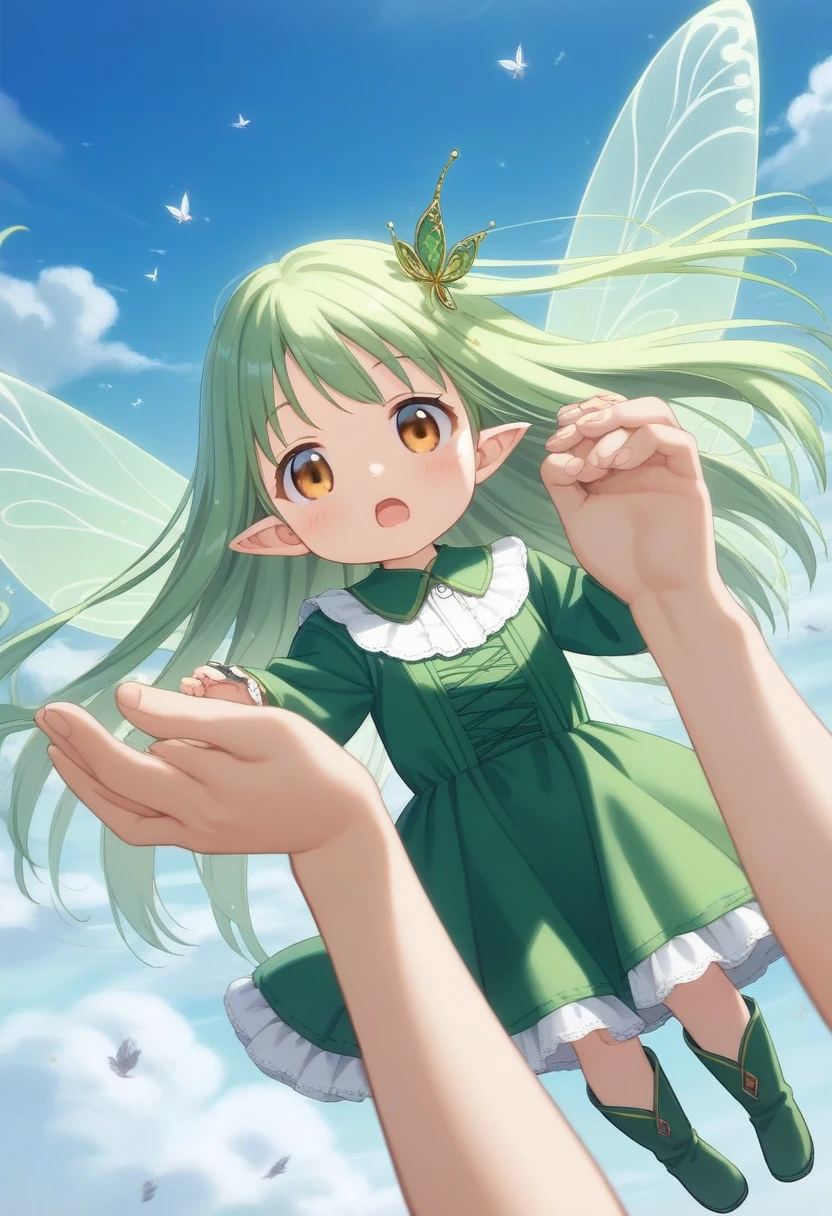 score_9, source_anime, anime_coloring, anime_screencap, the artist creates a wind spirit enveloped in storm, (Sylph, sylphid), tareme, 1girl, (wind:1.3), long hair, green hair, golden eyes, pointy ears, (hair ornaments:1.2), green gloves, green long boots, green dress made of wind, highneck dress, open mouth, blush, small breasts, five fingers, nice hands, perfect hands, perfect anatomy, masterpiece, amazing quality, best quality, detailed, (very young child:1.3), (tiny, petite:1.3), (floating, flying, fairy wing:1.1), High altitude, blue sky