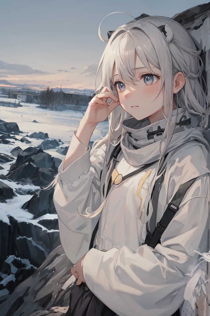 masterpiece:1.2), best quality , 独奏 ,pixiv, anime girl ，long straight white hair , black eyes ,Wearing off-white camouflage uniform ,ten years old，modern battlefield，(Eyes looking into the distance:1.3)，(look away:1.5)，snowy weather，dirty face，blood on forehead，dirty face，Backlight，Bare rocky peaks ,，The expression is sad，leave tears，When the war situation seems to be developing for the better,，A girl wakes up from her deep sleep，She doesn&#39;t understand her own life、Not sure about the power in the body，As pure as white paper。At the same time, another soul is sleeping inside the girl&#39;s body.，it was an accident，It is also one of the waves that changes the world。