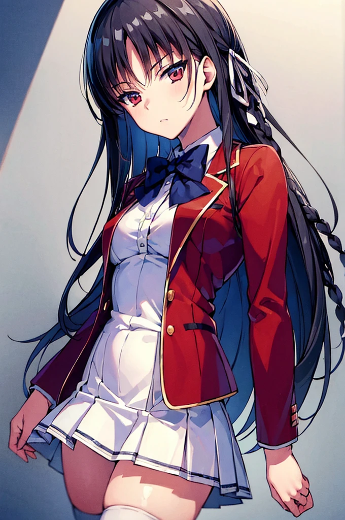 (masterpiece, best quality:1.5), (ultra detailed:1.4), super fine illustration, perfect anatomy, 8k portrait, official art, anime screencap, 
1girl,
Suzune Horikita, 
Suzune Horikita \(youjitsu\),
long hair, braid, 
black hair, 
red eyes, slant eyes, small eyes, 
blue bow, 
medium breasts, 
, red jacket, long sleeves, white skirt, pleated skirt, black thigh-high socks, 
looking at viewer, 
cowboy shot, 
perfect light, background of indoors, 