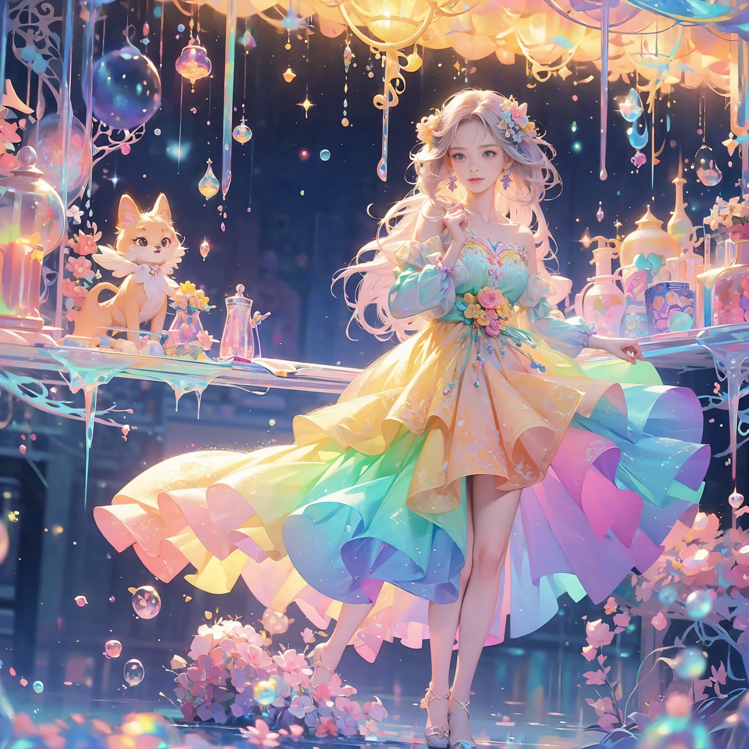 masterpiece, Highest quality, Intricate details, Excellent anatomy、beautiful girl, Sparkling eyes, Otherworldly liquid fantasy background, watercolor, Bright and vibrant colors, Whimsical, colorful, Layered tiered puffy long sleeve ball gown, ((Rainbow bubbles))