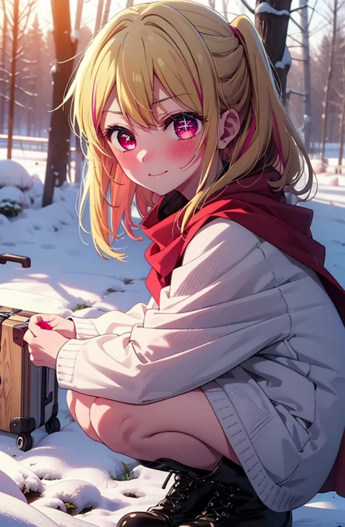 rubyhoshino, Hoshino Ruby, Long Hair, bangs, blonde, (Pink Eyes:1.3), Side Lock, (Symbol-shaped pupil:1.5), Multicolored Hair, Two-tone hair, smile,,smile,blush,White Breath,
Open your mouth,snow,Ground bonfire, Outdoor, boots, snowing, From the side, wood, suitcase, Cape, Blurred, , forest, White handbag, nature, Squat, Mouth closed, Cape, winter, Written boundary depth, Black shoes, red Cape break looking at viewer, Upper Body, whole body, break Outdoor, forest, nature, break (masterpiece:1.2), Highest quality, High resolution, unity 8k wallpaper, (shape:0.8), (Beautiful and beautiful eyes:1.6), Highly detailed face, Perfect lighting, Extremely detailed CG, (Perfect hands, Perfect Anatomy),