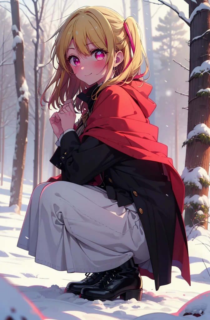 rubyhoshino, Hoshino Ruby, Long Hair, bangs, blonde, (Pink Eyes:1.3), Side Lock, (Symbol-shaped pupil:1.5), Multicolored Hair, Two-tone hair, smile,,smile,blush,White Breath,
Open your mouth,snow,Ground bonfire, Outdoor, boots, snowing, From the side, wood, suitcase, Cape, Blurred, , forest, White handbag, nature, Squat, Mouth closed, Cape, winter, Written boundary depth, Black shoes, red Cape break looking at viewer, Upper Body, whole body, break Outdoor, forest, nature, break (masterpiece:1.2), Highest quality, High resolution, unity 8k wallpaper, (shape:0.8), (Beautiful and beautiful eyes:1.6), Highly detailed face, Perfect lighting, Extremely detailed CG, (Perfect hands, Perfect Anatomy),