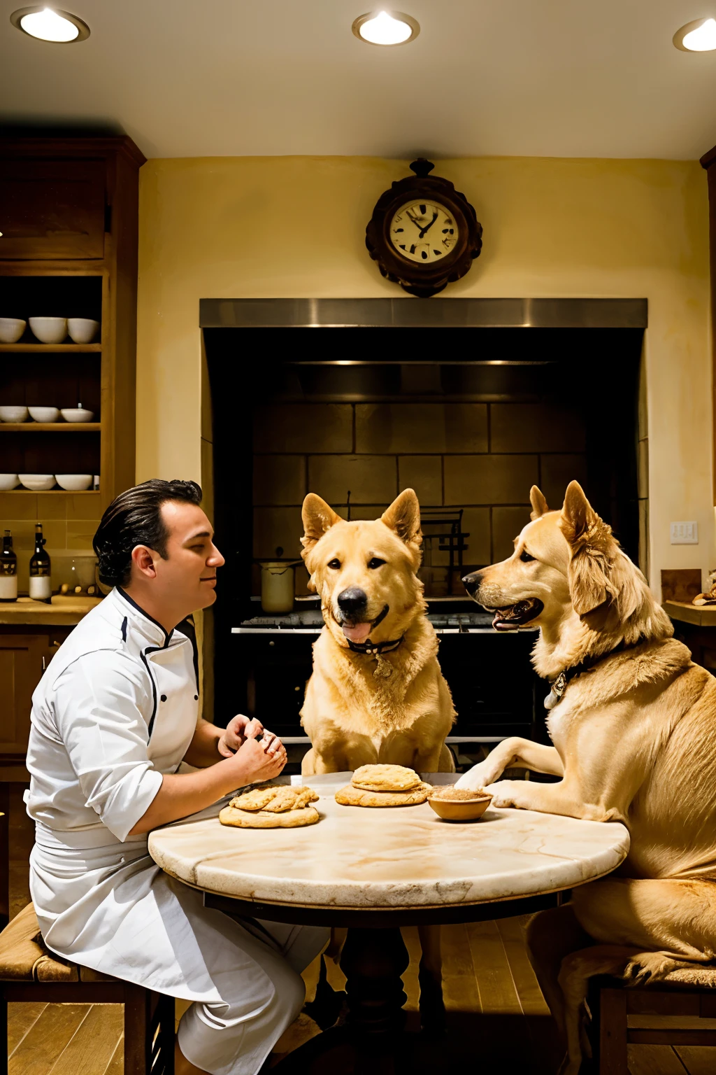 ((mejor calidad)), ((Obra maestra)), (detallado), three golden dogs sitting in chairs around a table cooking biscuits and steaks in the foreground, one of them wearing a chef's hat, in a French kitchen context, without human presence