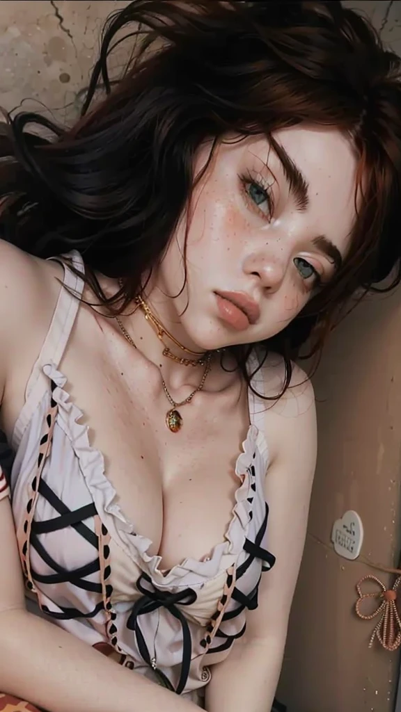 plucked woman with red hair and a necklace sitting on a step, curly copper colored hair, with curly red hair, curly bang, red curly hair, wild ginger hair, curly red hair, Madison Beer como Leeloo, ginger wavy hair, ginger hair with freckles, coral brown hair, red curly hair, with long curly hair