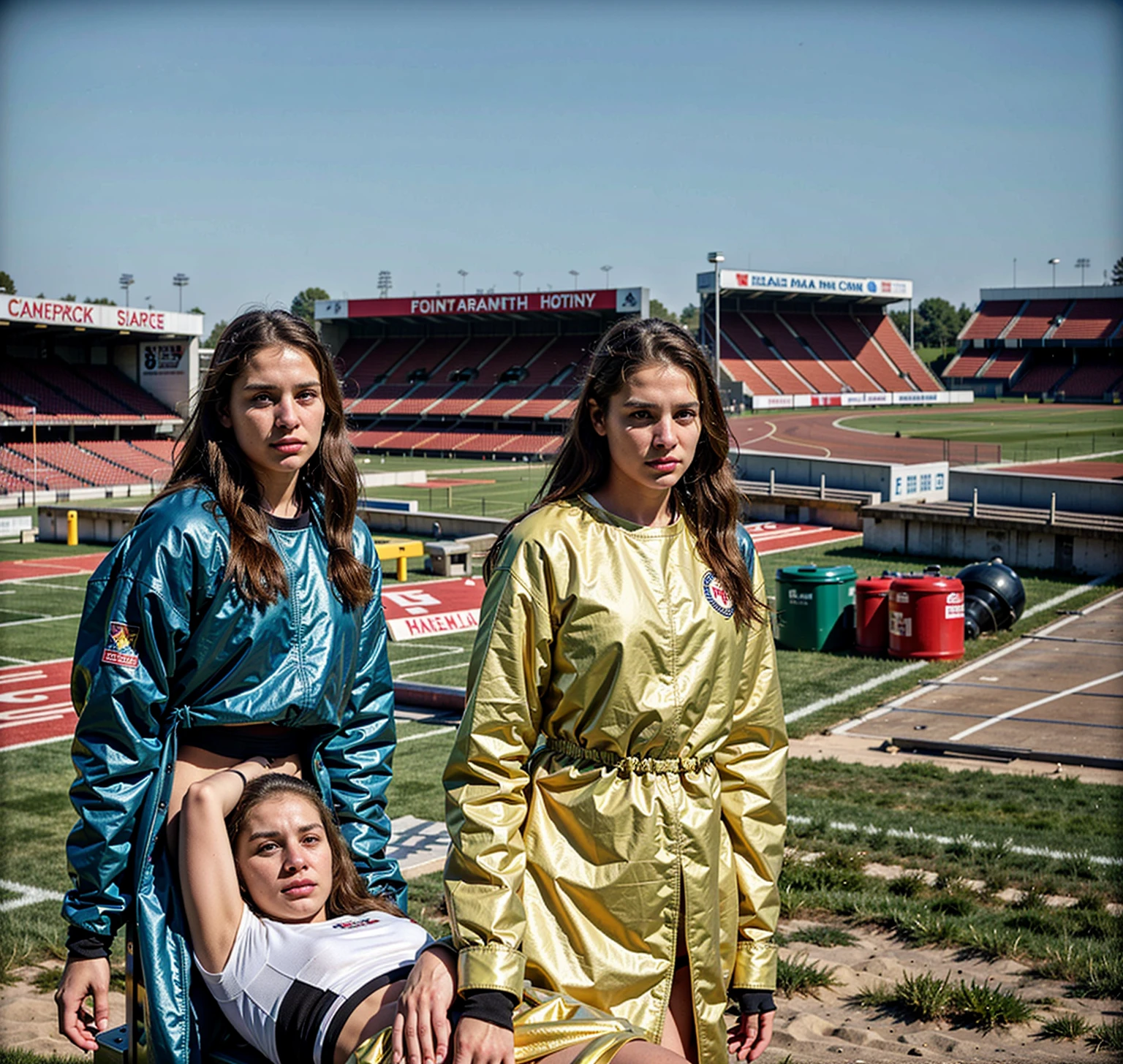 There is a man lying on a stretcher with his hands crossed over his face, a man in a t-shirt and sports shorts has crossed his hands over his face, the man has an agonised face under his hands, two longhaired and ponytailed women that are wearing very shiny coats, there are longhaired women wearing laquered puffy coats, longhaired women are walking in wetlook puffy coats, several women walking around a football field with an injured athlete on a stretcher, the injured athlete on the stretcher covers his face with both hands, the women look very worried, behind the women there is a frightening atmosphere, there is heavy rainfall in the background, video still, behind the scenes, Malika Favre, screenshot, footage, 4 0 9 6, cover photo, aesthetic shot, dramatic mood, intense scene, There is a man lying on a stretcher with his hands crossed over his face, a man in a t-shirt and sports shorts has crossed his hands over his face, the man has an agonised face under his hands, two longhaired and ponytailed women that are wearing very shiny coats, there are longhaired women wearing laquered puffy coats, longhaired women are walking in wetlook puffy coats, several women walking around a football field with an injured athlete on a stretcher, the injured athlete on the stretcher covers his face with both hands, the women look very worried