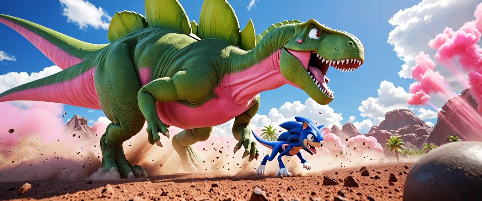 score_9, score_8_up, score_7_up, source_anime, detailed, 8k, cinematic angle, rating safe, wide shot, A pink dinosaur and a green dinosaur are fighting wild,cloud of dust,sonic boom,